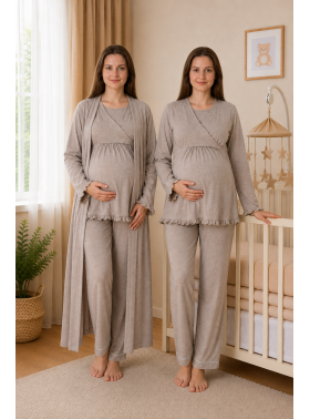 Effortt 4044 Bej Gizli Emzirme Özellikli Sabahlıklı Lohusa Pijama Takımı